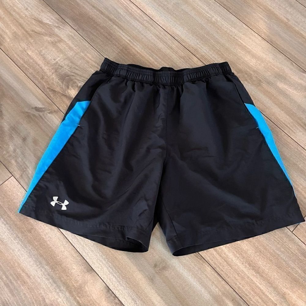 Under Armour Mens Large Black Blue Fitted Athletic Gym Shorts LG Bin K-23